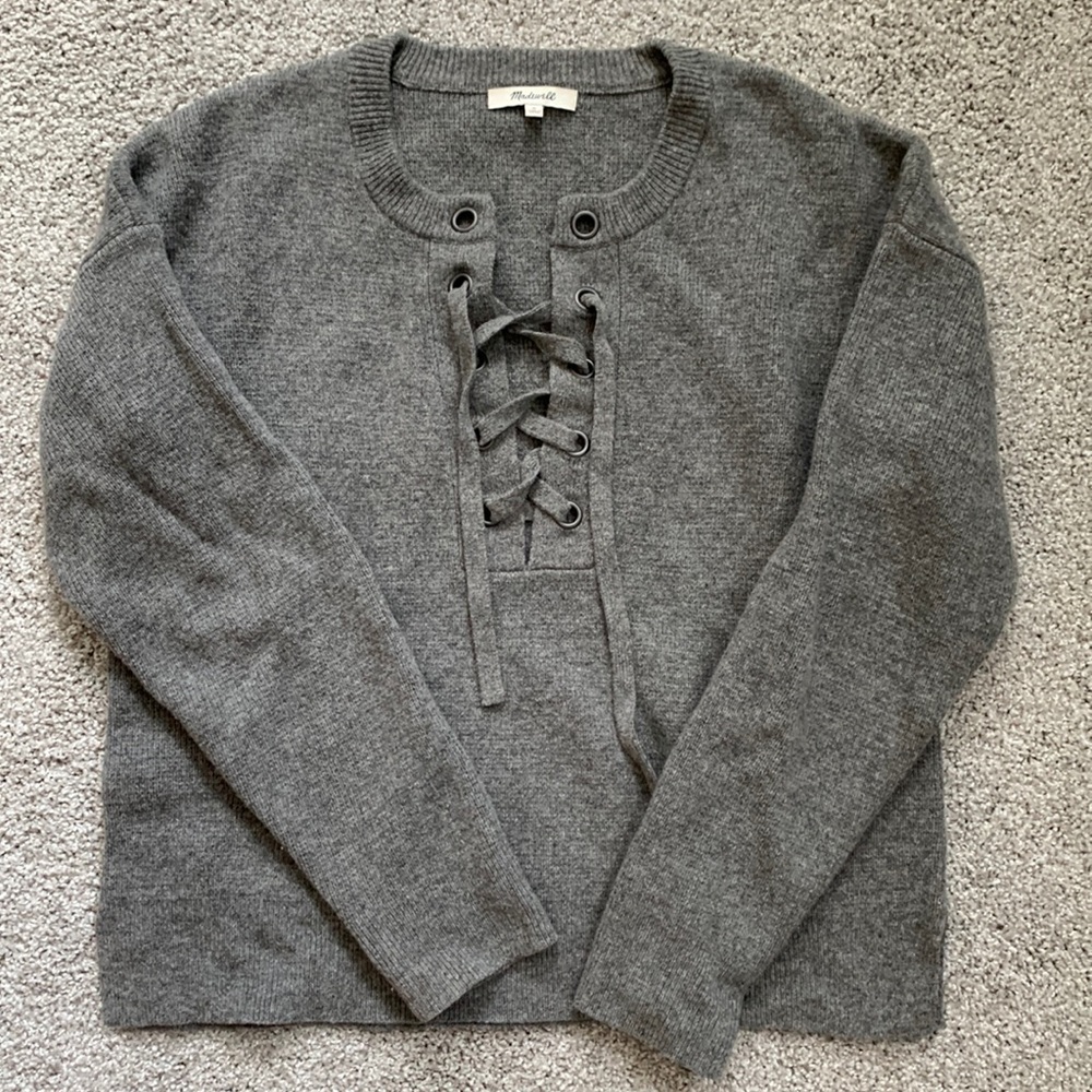 Madewell gray, wool, lace up sweater. Size M